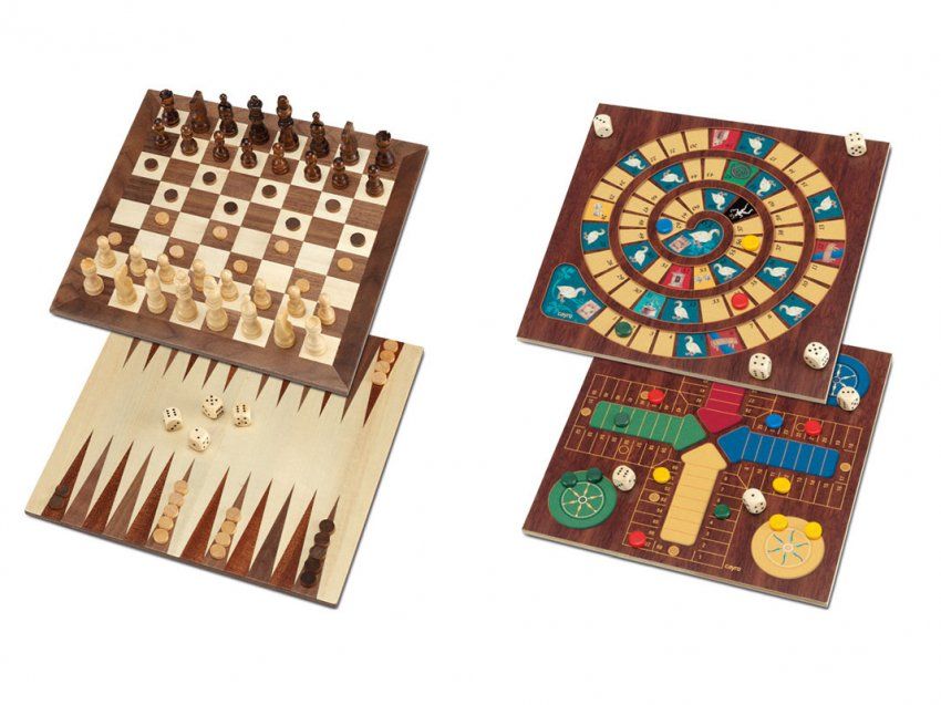 Caja 5 JUEGOS parchís, oca, ajedrez, damas, backgammon