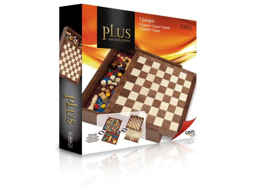 Caja 5 JUEGOS parchís, oca, ajedrez, damas, backgammon